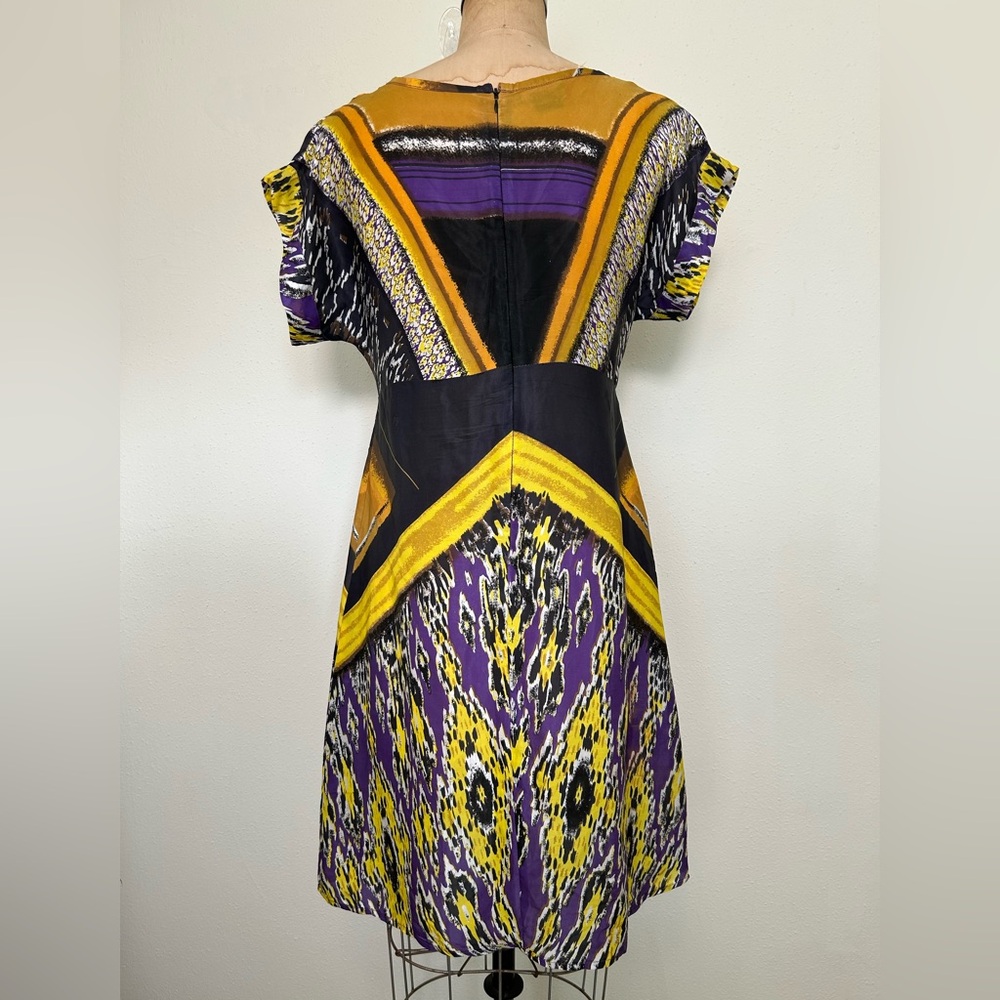 Kenar Dress Women's XL Purple Yellow Tribal Print V-Neck Silk Cap Sleeve Midi - Picture 4 of 9